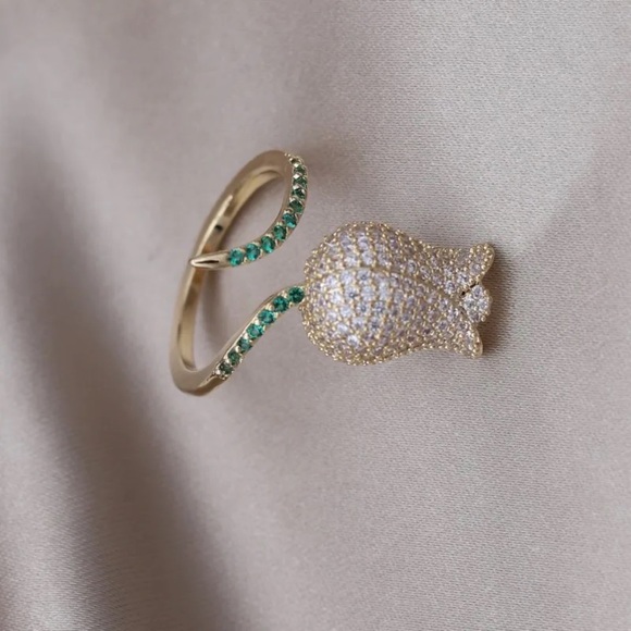 Gold Tulip Adjustable Ring Clear Green CZ - Picture 4 of 4